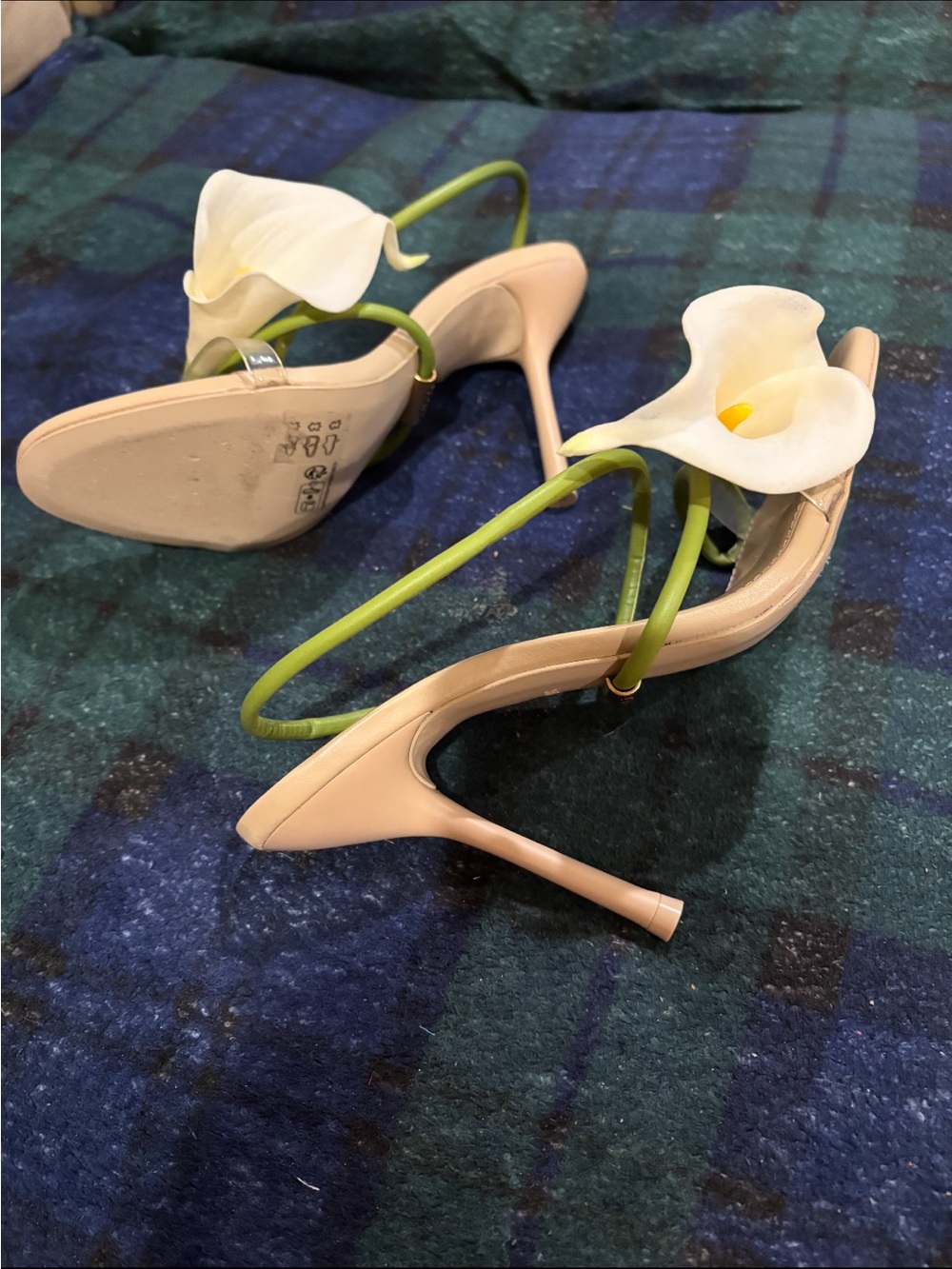 Cult Gaia Cassidy Beige and Green Calla Lily Spiral Strap Heels - Picture 3 of 12